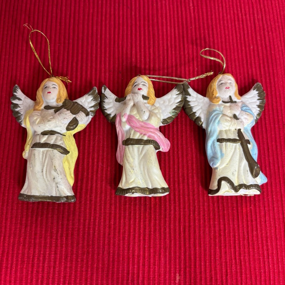 Angel Christmas Ornaments Set- Cream, Pink, Blue. Holding Musical Instruments
